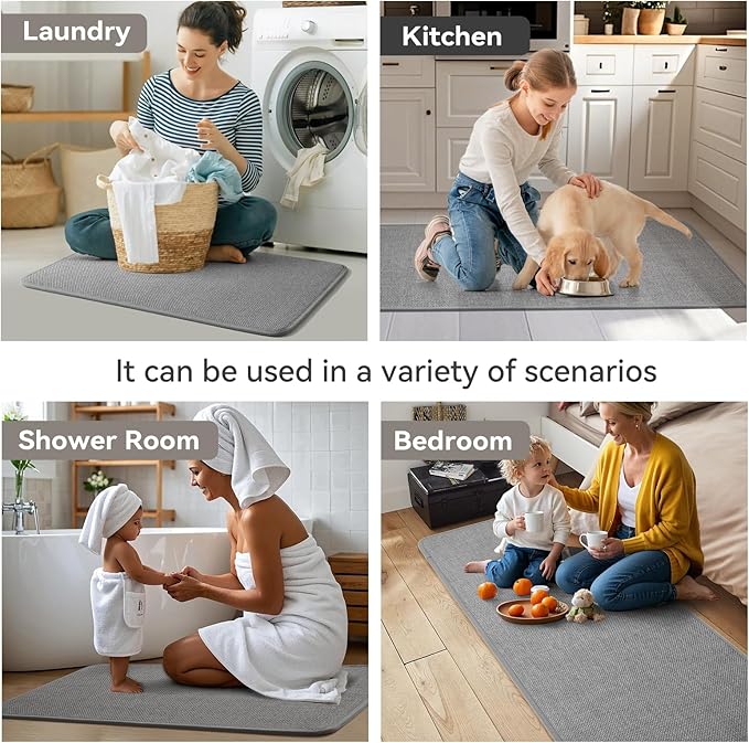 Kitchen Mat Kitchen Rugs Sets of 2 PCS Non Slip Washable, Linen-Like 0.3" Thick Cushioned Absorbent Kitchen Mats for Floor, Mild Anti-Fatigue Sink Laundry Standing Mat, Gray 17"x30"+17"x47"
