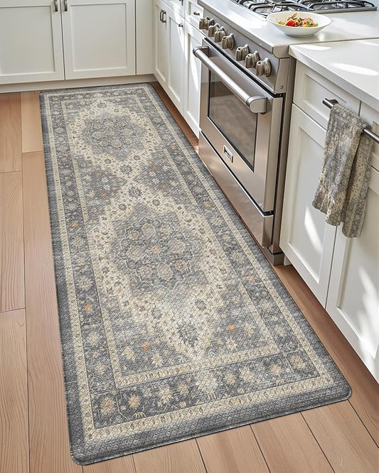DEXI Kitchen Floor Mats Anti Fatigue, 17x59 Cushioned Vintage Runner Rug Waterproof, Standing Comfort Memory Foam Padded for Front Sink Laundry Office, Dark Grey
