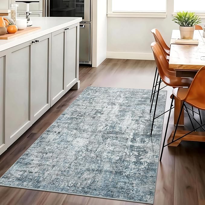 Soalmost 3x5 Rug, Small Area for Kitchen, Entryway, Machine Washable Non-Slip Throw Rug, Vintage Carpet for Nursery Coffee Table Blue