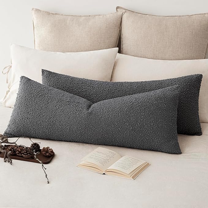 Foindtower Decorative Textured Boucle Throw Pillow Covers Accent Solid Pillow Cases Neutral Long Body Lumbar Couch Cushion Case for Chair Sofa Bedroom Living Room Home Decor 14x36 Inch,1PC,Dark Grey