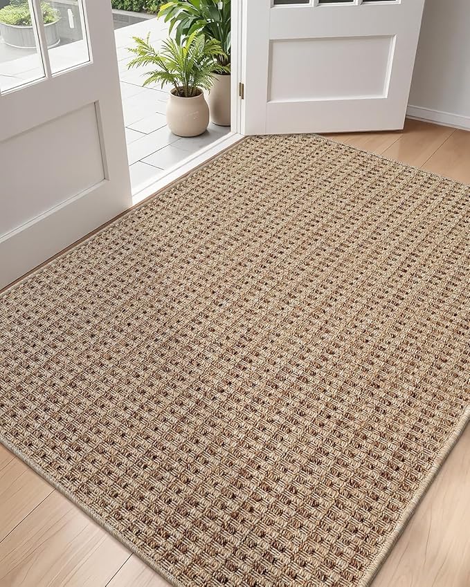 DEXI Dirt Trapper Door Mat, 31x48 Washable Doormat, Dirt Resistant and Absorbent, Easy Clean Low-Profile Floor Rugs for Entryway, Front Door, and Inside Entrance, Checkered Beige