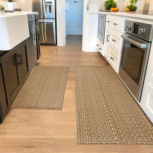 Kitchen Rugs,Kitchen Mats for Floor,Non Slip Washable 20"x 30"+20"x 48" Neutral Braided Rug,Faux Jute Rug with Non Slip Backing for Kitchen,Solid,Easy Clean,Area Rugs Sets of 2Pcs,Light Brown