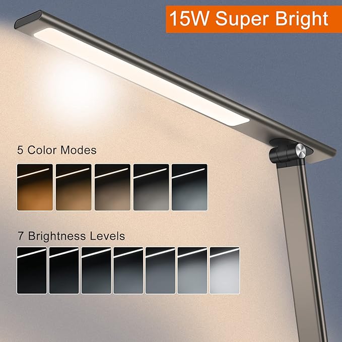 AFROG 5th Gen Multifunctional LED Desk Lamp with 10W Fast Wireless Charger, USB Charging Port,1800Lux Super Bright,5 Lighting Mode,7 Brightness, Touch Control, Auto Timer, 15W Office Table Lamp
