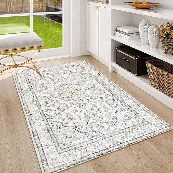 Lahome Oriental Washable Rugs 3x5, Rug for Entryway Indoor Non-Slip, Ultra-Thin Soft Boho Area Rug for Bedroom, Traditional Vintage Low-Pile Entry Throw Rugs Mats for Bathroom Kitchen,(3x5ft, Beige)