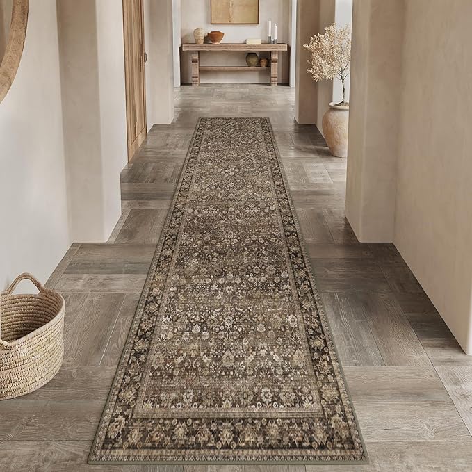 HUGEAR 2x12 Runner Rug Machine Washable Brown Hallway Area Rug Indoor Accent Rug Floral Low Pile Carpet Soft Throw Rug Bedroom Living Room Office Dining Room Kitchen Laundry Room Non Slip