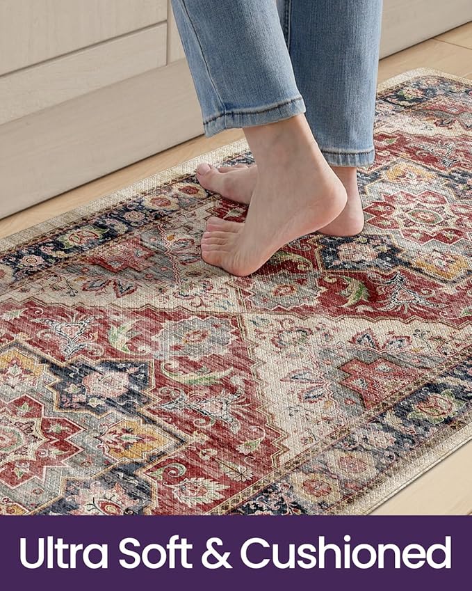DEXI Kitchen Floor Mats Anti Fatigue, 17x59 Cushioned Vintage Runner Rug Waterproof, Standing Comfort Memory Foam Padded for Front Sink Laundry Office, Beige and Red