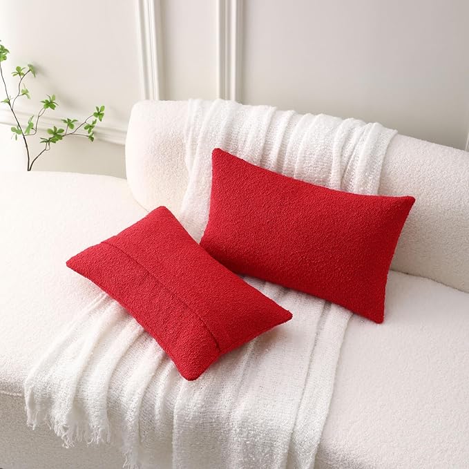 FUTEI Valentine's Day Pack of 2 Red Decorative Throw Pillow Covers 12x20 Inch Soft Cozy Solid Boucle Textured Lumbar Pillow Cases,Modern Home Decor for Couch Bed Living Room
