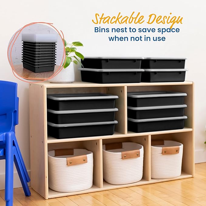 ECR4Kids Letter Size Tray with Lid, Storage Bin, Black, 10-Piece