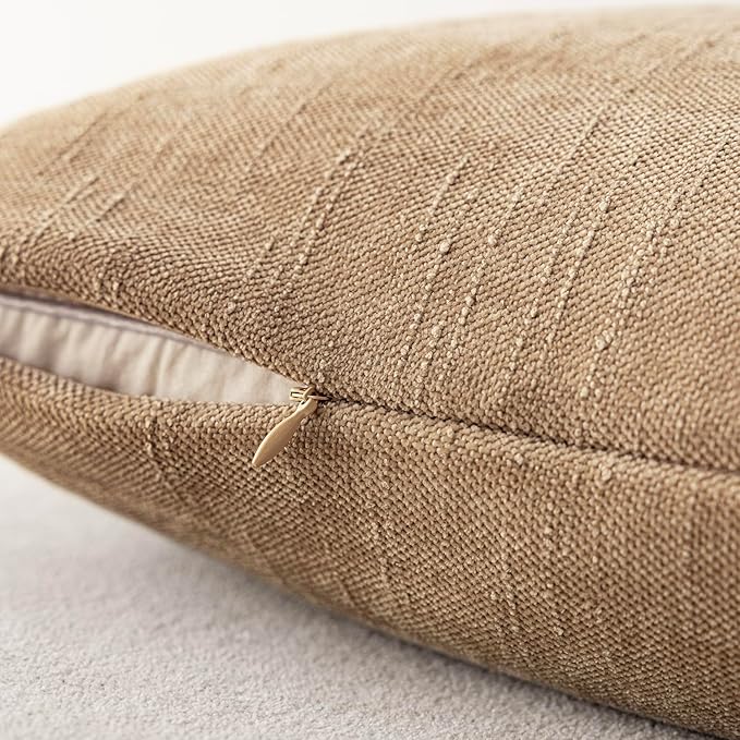 Foindtower Pack of 2 Textured Chenille Throw Decorative Pillow Covers Square Accent Solid Cushion Cover Neutral Farmhouse Pillow Case for Couch Sofa Bedroom Living Room 18x18 Inch,Taupe Khaki Camel