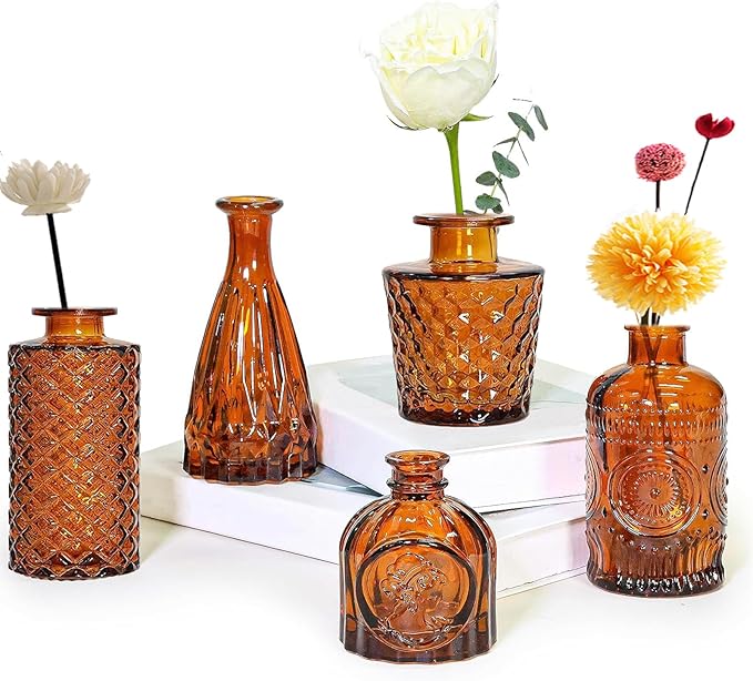 5 Pack Glass Bud Vases - Mini Glass Vases for Room Decor, Centerpieces, Shelf and Wedding Decor - NO Flowers