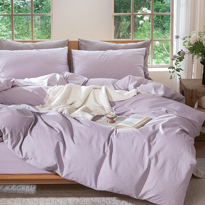 MooMee Bedding Duvet Cover Set 100% Washed Cotton Linen Like Textured Breathable Durable Soft Comfy (Heathered Light Purple, Palatial King/Oversized King 120"x98")