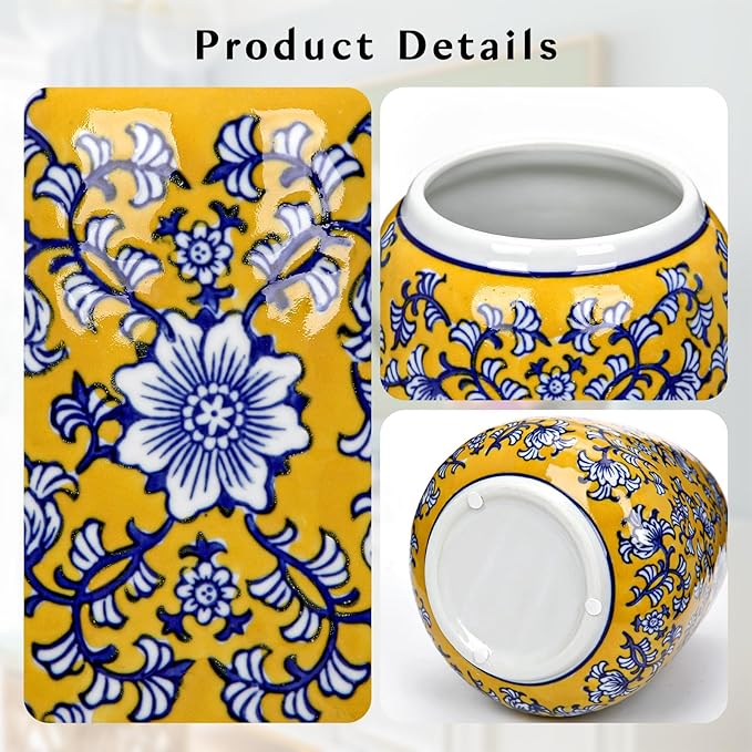 Hollyone Blue and Yellow Porcelain Vase Chinoiserie Floral Vases Large Vintage Tall Blue Ceramic Vase for Home Mantle Shelf Living Room Table Centerpieces Decor, 7 Inch