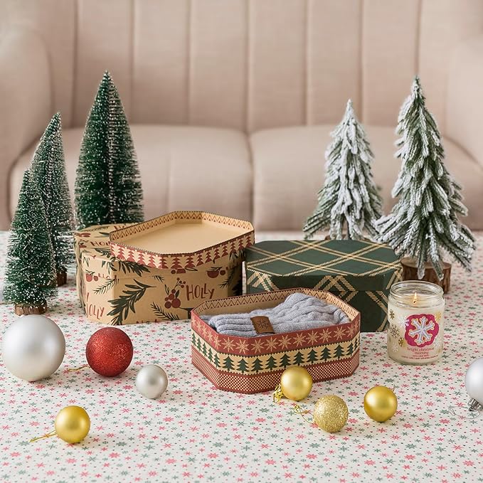 Soul & Lane Christmas Gift Boxes with Lids, Vintage Reusable Christmas Nesting Boxes for Presents, Decorative Cardboard Large Holiday Storage For Keepsakes and Decor, Set of 3