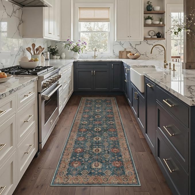 Bavni 5x7 Area Rugs for Living Room, Machine Washable Rug Stain Resistant Non Slip, Vintage Boho Low Pile Thin Soft Floor Decor, Indigo Blue Throw Accent Carpet for Bedroom, Dining Room, Home Office