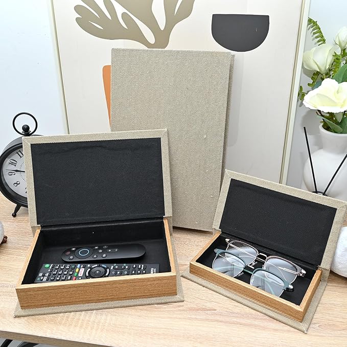 Decorative Book Boxes Set of 3 – Modern Faux Linen & Wood Hidden Storage for Coffee Table – Stackable Fake Books for Shelf Decor, Remote Control & Jewelry Organizer (Linen)