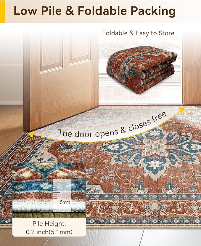 RELEANY Area Rugs 6'x9' Washable Non-Slip, Floral Vintage Distress Print Pattern Medallion Carpet for Living Room Bedroom Dining Room, Red Orange Blue Brown