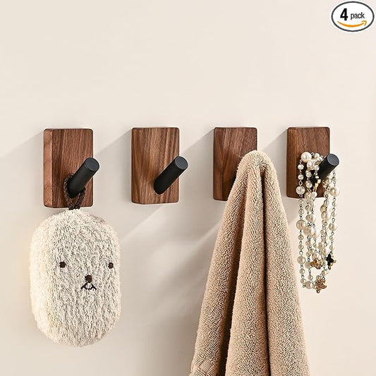 4 Pack Wooden Wall Hooks for Hanging, Adhesive Mounted & Wall Mount Boho Decorative Walnut Wood Coat Hooks for Towel Clothes Blanket Hat Backpack Robe Nursery Door Board Entryway Key Holder