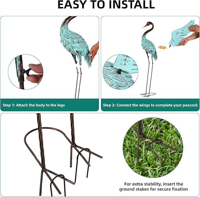47.5" Extra-Large Blue Heron Decor, Handcrafted Metal Crane Statues with Stable U-Ground Stakes, Backyard Decoration, Metal Garden Bird Animal Yard Art, Lawn Ornament
