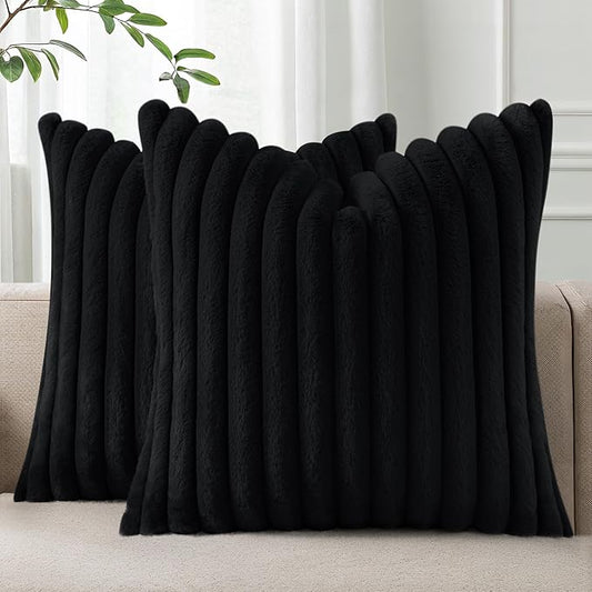 Pallene Faux Fur Plush Throw Pillow Covers 24x24 Set of 2, Luxury Soft Fluffy Striped Decorative Pillow Covers for Sofa, Couch, Living Room, Black