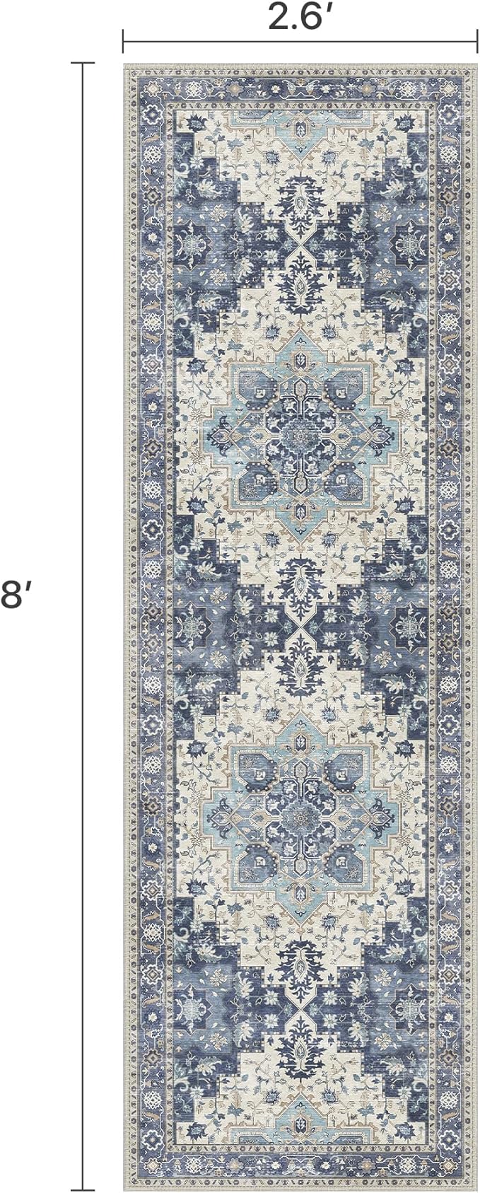 BESBLEE 2'6''x8 Runner Rugs for Hallway, Machine Washable Non Slip Vintage Rugs, Low Pile Lightweight Soft Print Rug for enrtyway, Corridor, Home Office, Kitchen, Center Blue