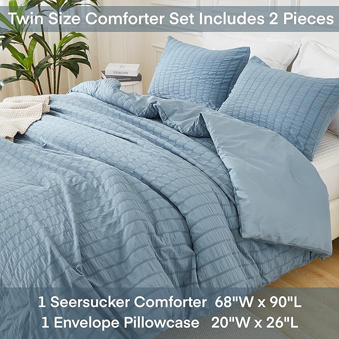 AveLom Seersucker Comforter Set Twin, Grayish Blue, 68x90, 1 Comforter and 1 Pillowcase