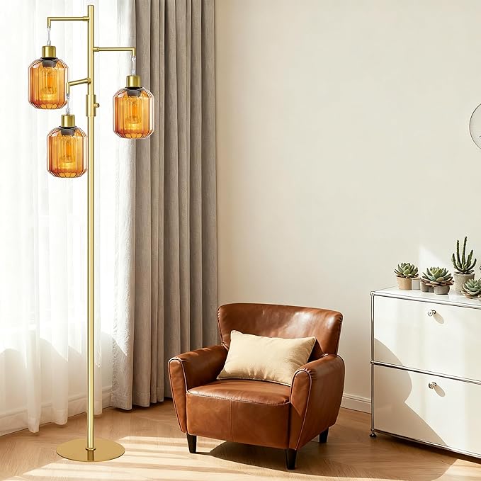 LVYE Gold Floor Lamp for Living Room, Modern Mid Century Standing Lamp with Amber Glass Shade, Dimmable Tall Tree Lamp with 3×6W LED Bulbs, Tall Lamp for Bedroom Office