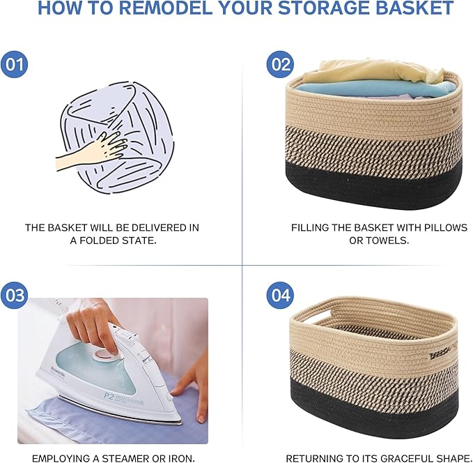 4 Pack Woven Storage Baskets for Organizing - Cotton Rope Baskets for Closet, Toys, Books, Towels, Durable Storage Bins for Shelves, Living Room, Bedroom, 12.7''Lx9''Wx7.8''H (Brown, 12.7")