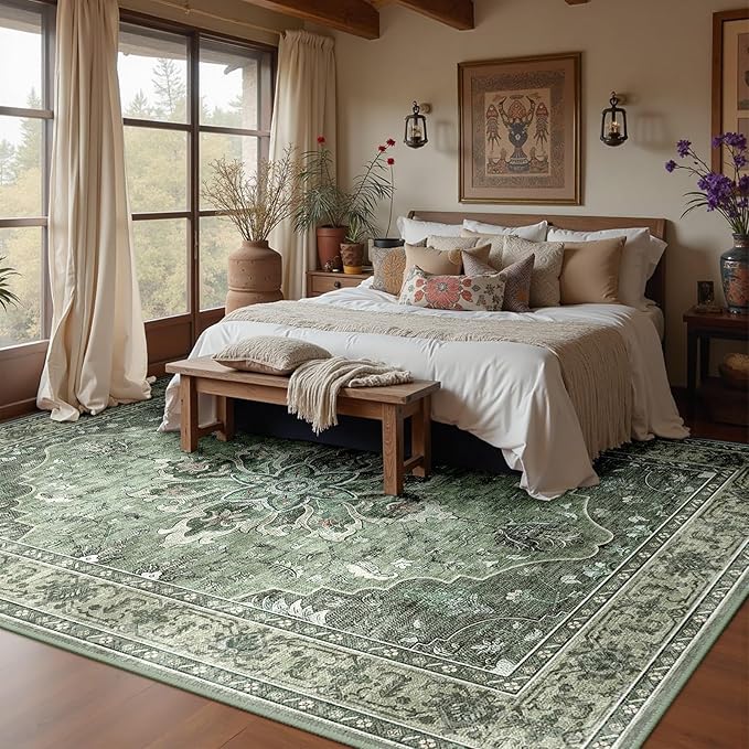 RELEANY Area Rugs 6'x9' Washable Non-Slip, Floral Vintage Distress Print Pattern Medallion Carpet for Living Room Bedroom Dining Room, Dark Green Gray