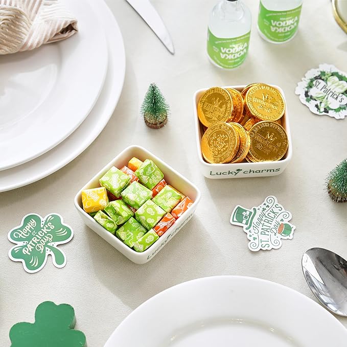 St Patrick's Day Candy Dish Set of 2, Ceramic Irish Shamrock Bowl with Clover, White Decorative Trinket Trays for Jewelry, Keys, Coins, Festive Party & Home Decor