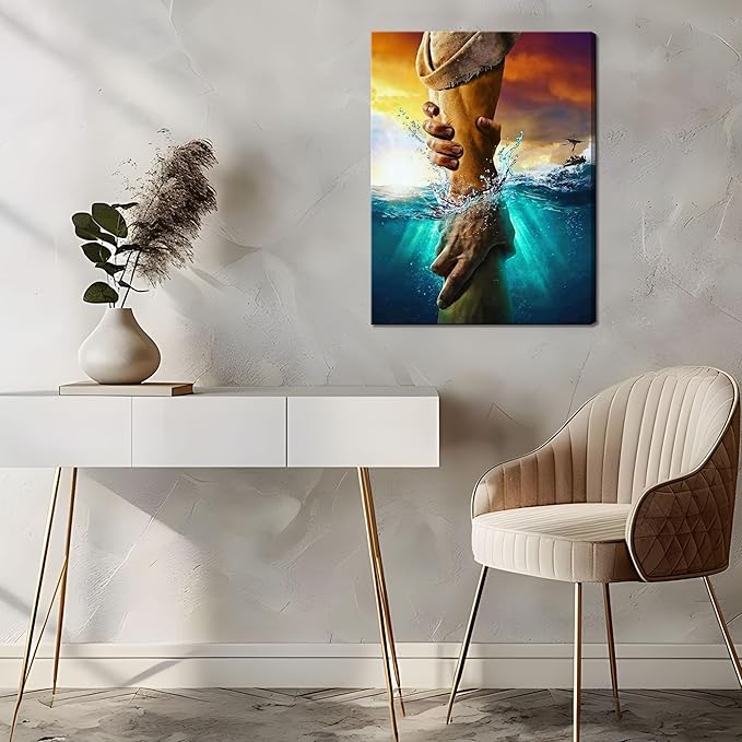 Framed Jesus Christian Canvas Wall Art, The Hand of God Jesus Reaching Into Water Religious Wall Decor Paintings, Blue Ocean Bible Pictures Posters Prints for Church Living Room Bedroom 16x24 Inch