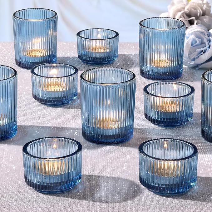 10pcs Ribbed Blue Votive Candle Holders, Assorted Tea Light Candle Holder Glass, Blue Candle Holders for Table Centerpiece, Wedding Table Settings and Party Decorations