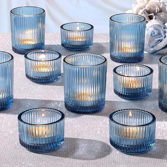 10pcs Ribbed Blue Votive Candle Holders, Assorted Tea Light Candle Holder Glass, Blue Candle Holders for Table Centerpiece, Wedding Table Settings and Party Decorations