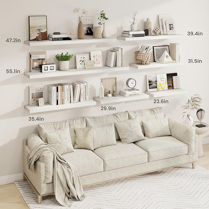 Fun Memories 24 Inch Floating Shelves, 9.3 Inch Deep Rustic Wall Shelves - Extra Deeper Wall Mounted Storage Shelves for Bathroom, Kitchen, Living Room (White, Set of 2)