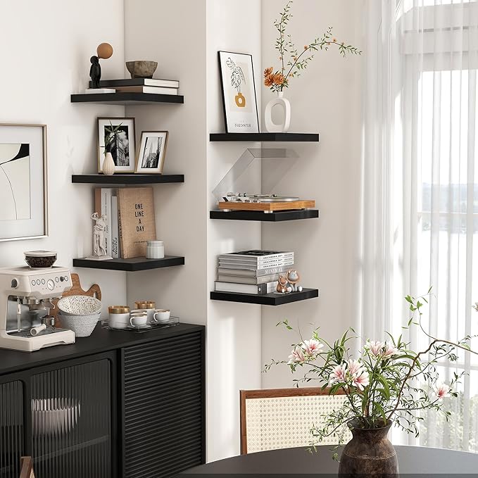 Square Floating Shelves for Wall 8"W x 8"D x 1.2"H, Small Engineered Wood Wall Shelves with Invisible Brackets for Living Room Bedroom Bathroom Office Kitchen Storage & Decor, Black Finish, Set of 3