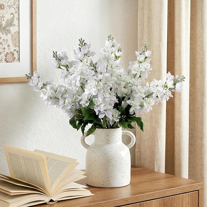 Fake Flowers 23.6” Delphinium Artificial Flowers 8Pcs Silk Flowers with Stems Long Stem Artificial Flowers for Tall Vase Faux Flowers for Indoor Home Decoration Wedding Decoration Centerpiece White
