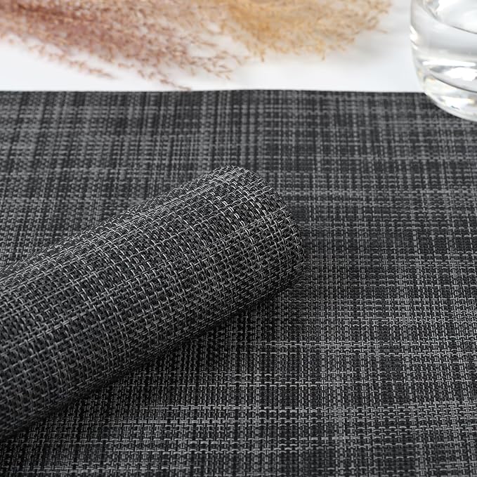Myir JUN Placemats Set of 8, Vinyl Woven Placemats Place Mats Indoor Set of 8 Washable Table Mats Non-Slip Place mats for Dining Table (Dark Gray-Black, Set of 8)