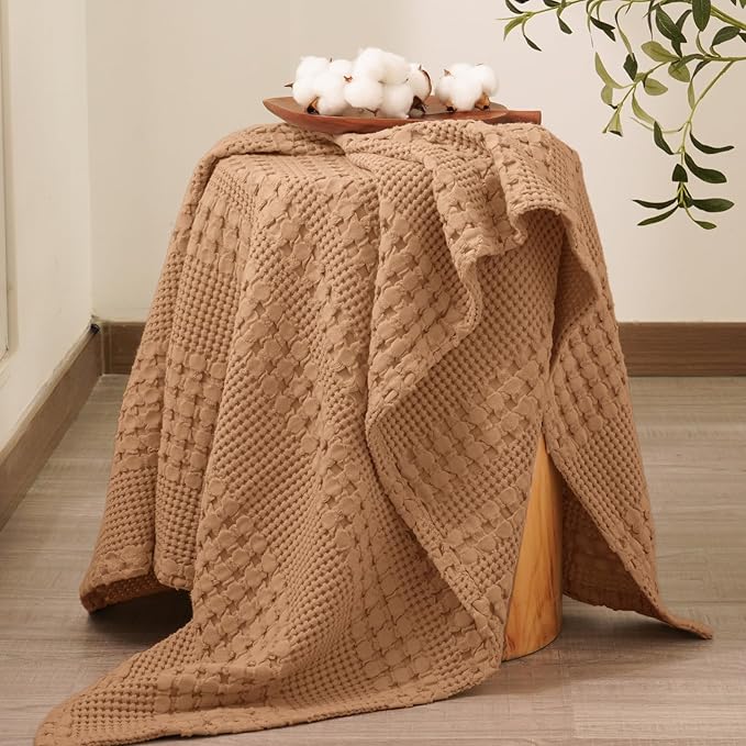 PHF 100% Cotton Waffle Weave Throw Blanket, Soft Lightweight Breathable Cozy Throws for Couch Bed Sofa, 300 GSM Luxury Aesthetic Blanket Gift for Home Decor & Office, 50"x60", Clay