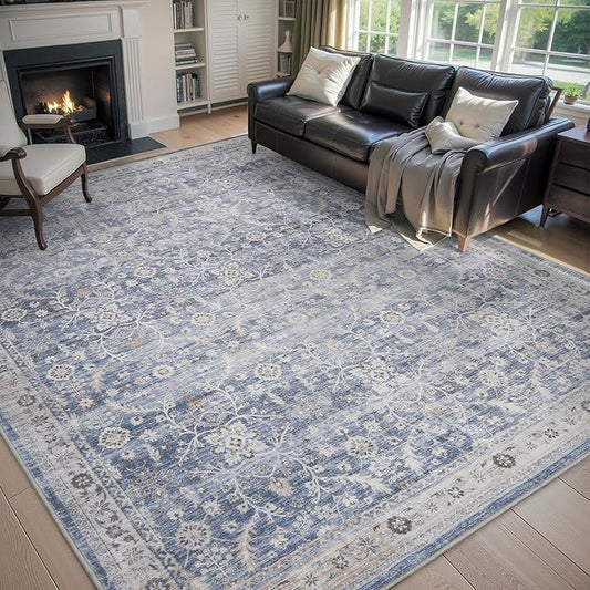 MontVoo-Vintage Area Rug 6X9 Blue Rugs for Living Room-Soft Distressed Printed Rugs for Bedroom-Non Slip Carpet-Machine Washable Rug for Dining Room Living Room Bedside Office