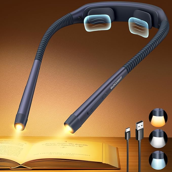 Glocusent Ergonomic Reading Light, 1600mAh Rechargeable Book Light for 100 Hrs - 3 Colors & 5 Brightness, Neck Light with Timers, Sleep Aid & Travel Lock, Perfect for Reading, Knitting & Craft