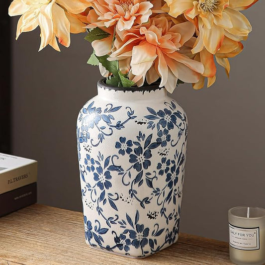 Blue and White Chinoiserie Vase, Handmade Vintage Floral Ceramic Vase, Round Blue Vase for Flowers, Rustic Table Centerpiece, Blue Vases Home Decor for Living Room, Office, Kitchen 8.4 in