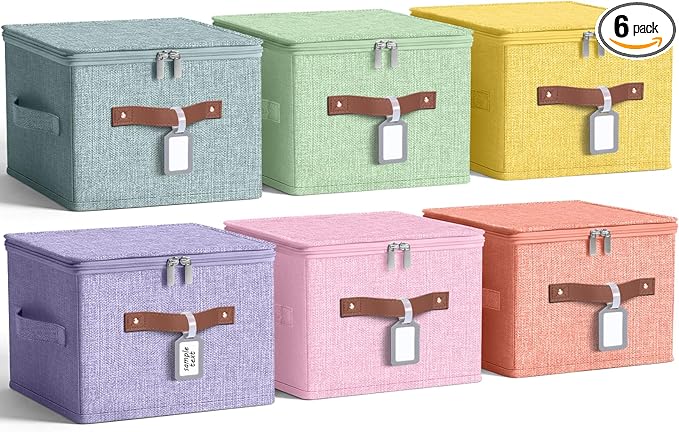 6 Pack Fabric Storage Bins with Lids and Label, 10×8×7In Foldable Cotton Linen Cute Storage Box with PU Leather Handles for Closet, Bedroom, Nursery, Pink, Purple, Blue, Green, Yellow, Orange