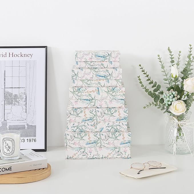 Soul & Lane Decorative Cardboard Storage Boxes with Lids - Set of 5, Floral Nesting Keepsake and Memory Boxes, Organizers with Magnetic Closure for Home Décor and Gifts, Meadow Mist