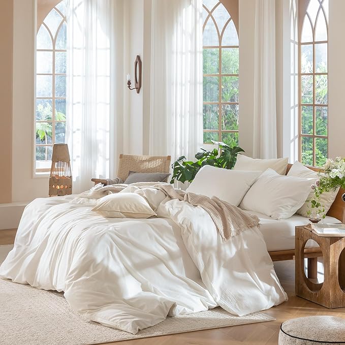 MooMee Bedding Duvet Cover Set 100% Washed Cotton Linen Like Textured Breathable Durable Soft Comfy (Solid Off White, Palatial King/Oversized King 120"x98")