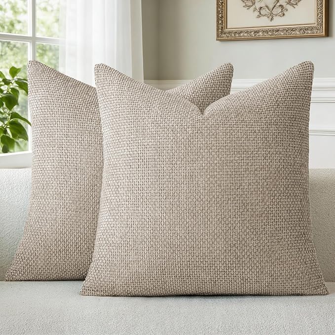 a moment Taupe Chenille Throw Pillow Covers 20x20 Inch Pack of 2 Modern Decorative Throw Pillow Covers Farmhouse Cross Covers Home Decor for Sofa Bedroom Living Room