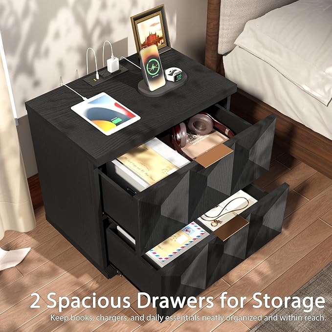 Yechen 23.6" Black Nightstand with 20W Faster Charging Station, Modern Bedside Table with 3D Geometric Drawers Front Panel, Wood 2 Drawer Night Stand with Storage, Accent End Table for Bedroom
