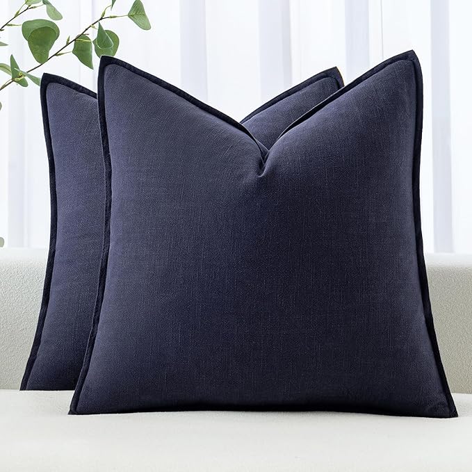 MIULEE Decorative Linen Pillow Covers 18x18 Inch Navy Boho Farmhouse Neutral Couch Throw Pillows for Bed Pack of 2 Accent Modern Pillowcase Summer Sofa Livingroom Home Decor