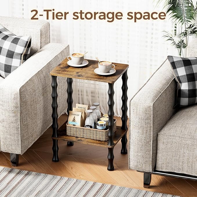 Side Table, 2-Tier End Table with Storage Shelf, Night Stand for Small Spaces, Modern Coffee Tables for Living Room, Bedroom (1, Rustic Brown)