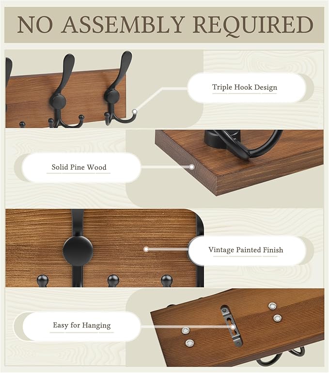 RELBRO Coat Rack Wall Mount, 16.7 Inch Wooden Wall Coat Hanger with 5 Triple Hooks, No Assembly, Brown, 2 Pcs