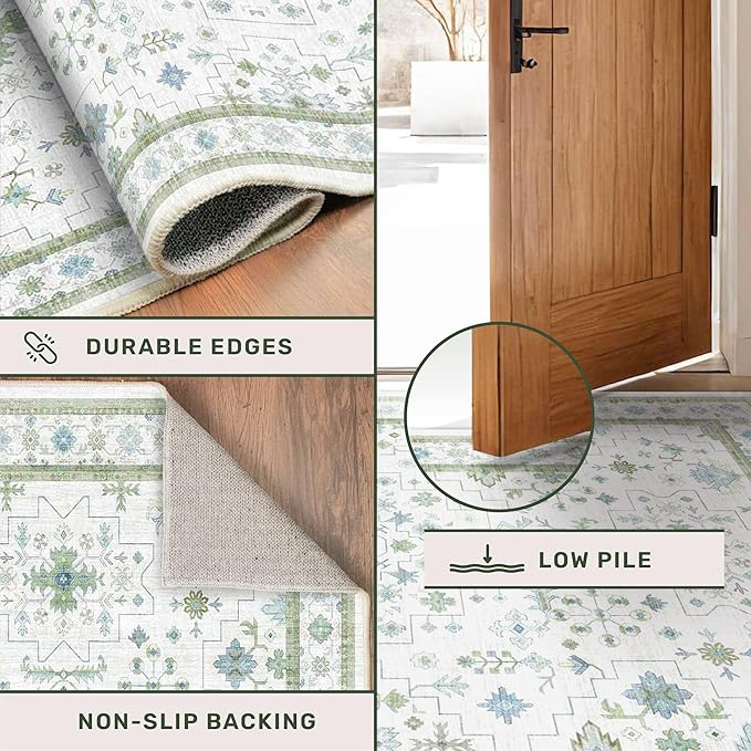 Hazo Haus Cream Oushak 6x8 Bedroom Rug - Boho Floral Cool Blue and Green, Washable Low Pile Non-Slip Ultra-Thin Large Area Rugs for Bed Room, Living Room