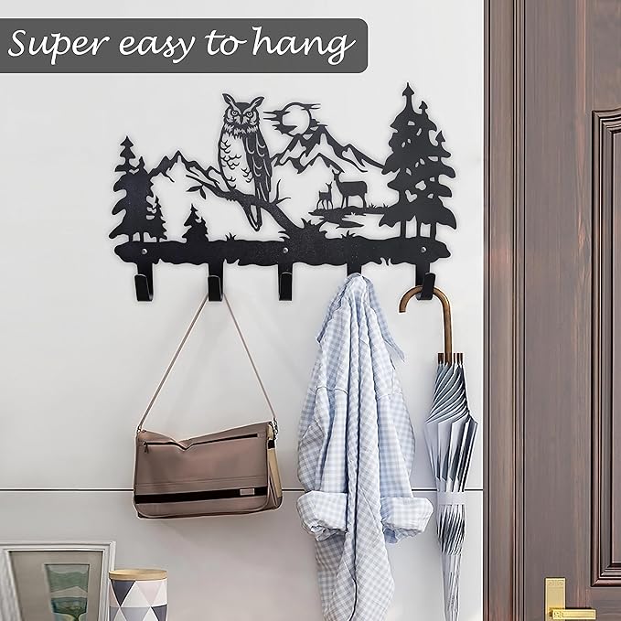 Metal Owl Hooks Wall Art Decor-Owl Hangers and Key Holder-Clothes Hat Rack and Backpack Hanger-Animal Theme Hooks Sweet Home Decor for Storage, Living Room, Hallway, Office (Black)
